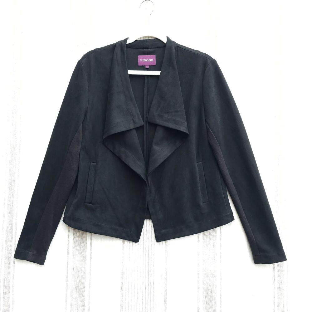 Vigoss Jacket Womens Large Black Open Front Draped Collar Motomami Faux Suede
